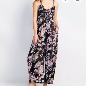 Free People Black and Pink Floral Jumpsuit